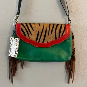 Folklore Couture Crossbody Bag Green Leather Tiger Print Red Fringe Boho Western